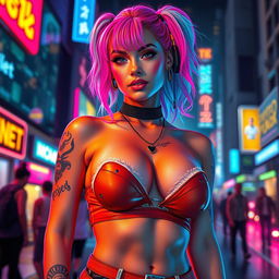 A sexy gorgeous woman in a vibrant cyberpunk style, showcasing a stylish outfit that accentuates her curves, prominently displaying her cleavage