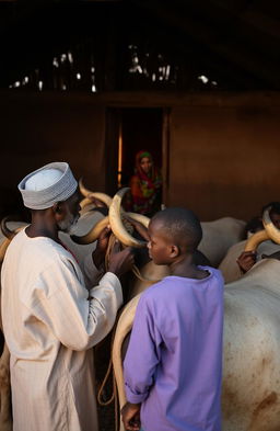 In an East African cattle shed during the evening, an East African father and his son, both dressed in traditional attire, are tying their cattle after returning from grazing