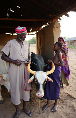 In an East African cattle shed during the evening, an East African father and his son, both dressed in traditional attire, are tying their cattle after returning from grazing