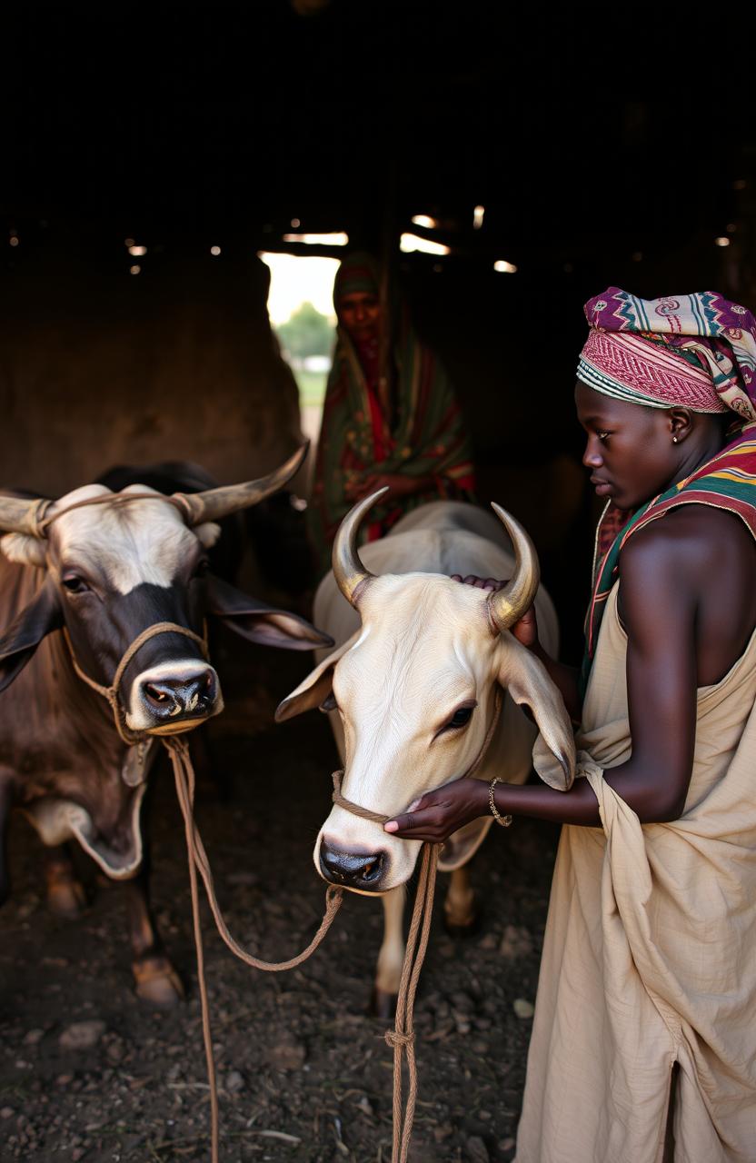 In an East African cattle shed during the evening, an East African father and his son, both dressed in traditional attire, are tying their cattle after returning from grazing