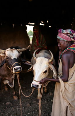 In an East African cattle shed during the evening, an East African father and his son, both dressed in traditional attire, are tying their cattle after returning from grazing