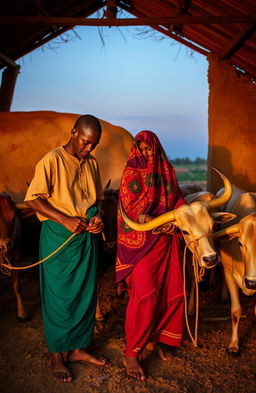 In an East African cattle shed during the evening, an East African father and his son, both dressed in traditional attire, are tying their cattle after returning from grazing