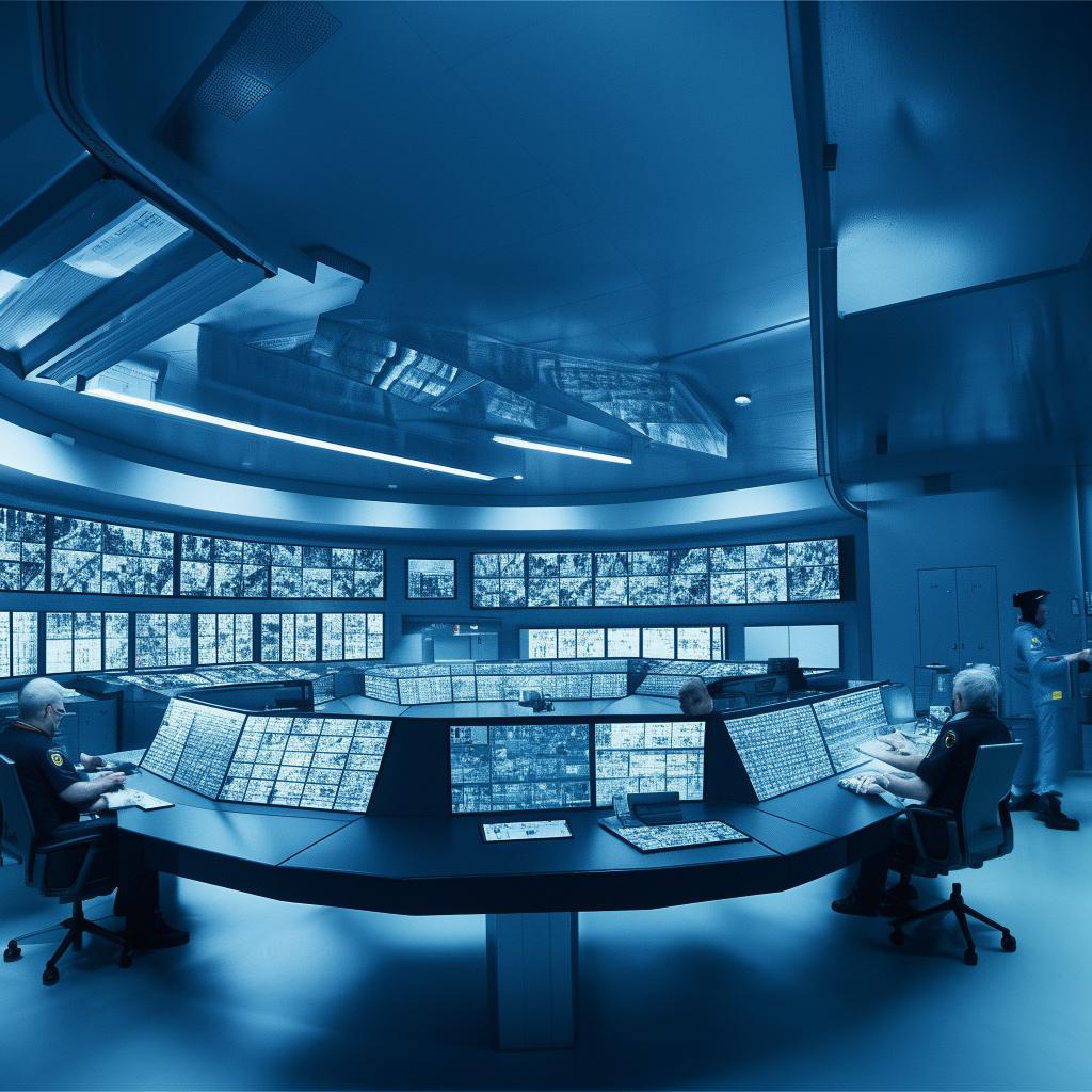 A high-security penitentiary control room filled with complex control panels, large monitors displaying surveillance footage, and high-tech equipment.