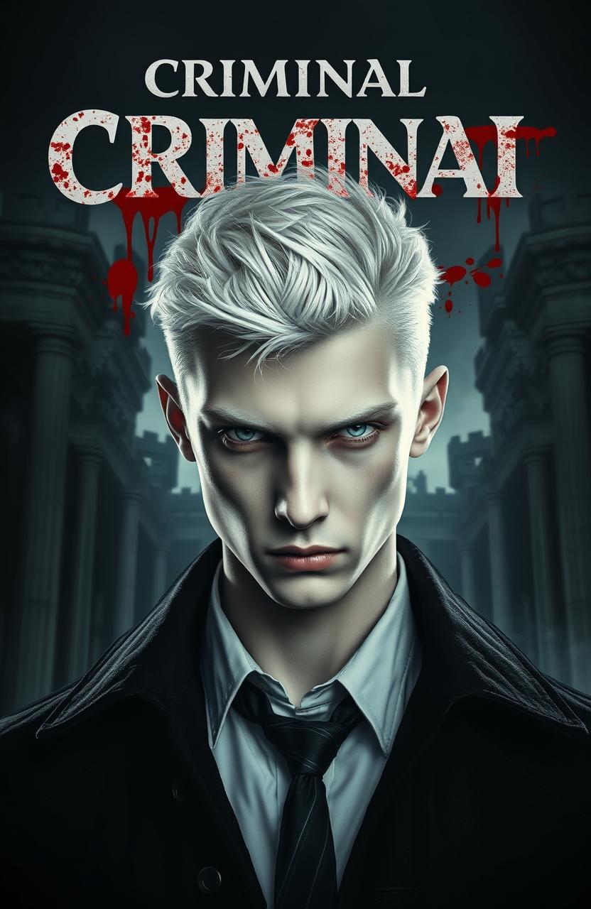 A young, handsome albino detective with striking white features and intense piercing eyes, set against a dark, moody background that evokes mystery and danger