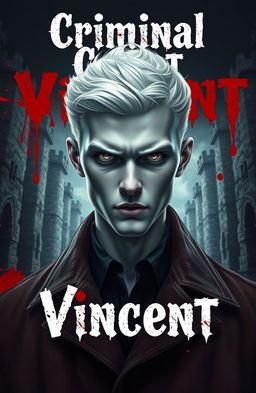 A young, handsome albino detective with striking white features and intense piercing eyes, set against a dark, moody background that evokes mystery and danger