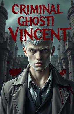 A young, handsome albino detective with striking white features and intense piercing eyes, set against a dark, moody background that evokes mystery and danger