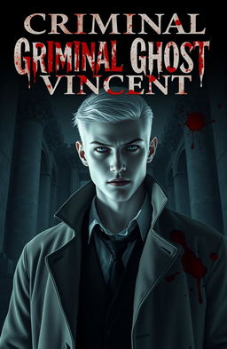 A young, handsome albino detective with striking white features and intense piercing eyes, set against a dark, moody background that evokes mystery and danger
