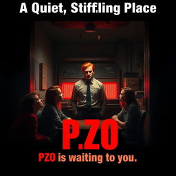 A small office scene depicted in dark, gloomy colors, showing the office being squeezed by an industrial press, creating a sense of claustrophobia and tension