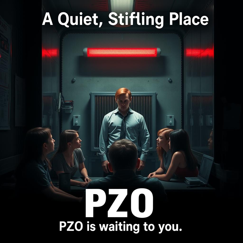 A small office scene depicted in dark, gloomy colors, showing the office being squeezed by an industrial press, creating a sense of claustrophobia and tension