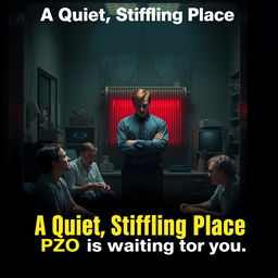 A small office scene depicted in dark, gloomy colors, showing the office being squeezed by an industrial press, creating a sense of claustrophobia and tension