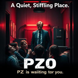 A small office scene depicted in dark, gloomy colors, showing the office being squeezed by an industrial press, creating a sense of claustrophobia and tension