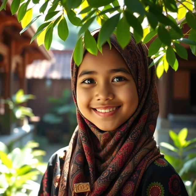 A beautiful Jawa girl wearing a colorful hijab adorned with intricate patterns, standing in a traditional Javanese setting, surrounded by lush greenery and traditional wooden architecture