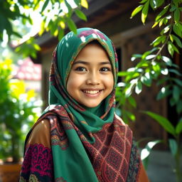 A beautiful Jawa girl wearing a colorful hijab adorned with intricate patterns, standing in a traditional Javanese setting, surrounded by lush greenery and traditional wooden architecture