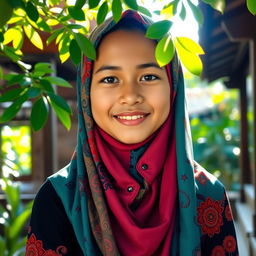 A beautiful Jawa girl wearing a colorful hijab adorned with intricate patterns, standing in a traditional Javanese setting, surrounded by lush greenery and traditional wooden architecture