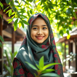 A beautiful Jawa girl wearing a colorful hijab adorned with intricate patterns, standing in a traditional Javanese setting, surrounded by lush greenery and traditional wooden architecture