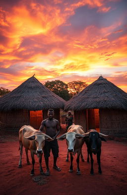 A breathtaking front aerial view of a homestead compound during a vibrant sunset evening