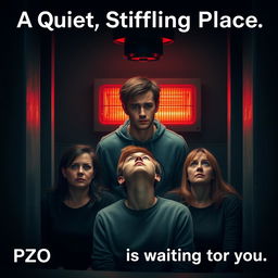 A small office scene depicted in dark, gloomy colors, showing the office being squeezed tightly by an industrial press, symbolizing pressure and tension