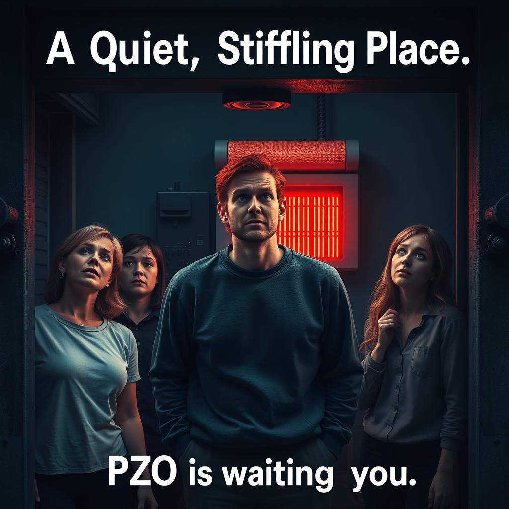 A small office scene depicted in dark, gloomy colors, showing the office being squeezed tightly by an industrial press, symbolizing pressure and tension