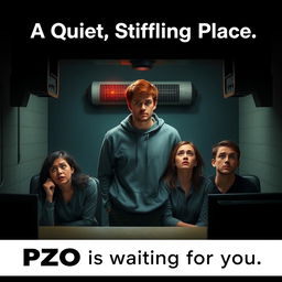 A small office scene depicted in dark, gloomy colors, showing the office being squeezed tightly by an industrial press, symbolizing pressure and tension