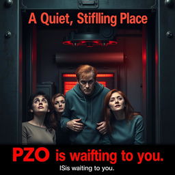 A small office scene depicted in dark, gloomy colors, showing the office being squeezed tightly by an industrial press, symbolizing pressure and tension