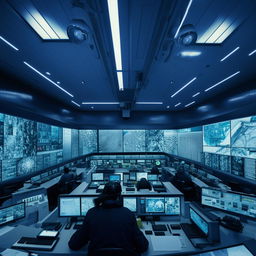 A high-security penitentiary control room filled with complex control panels, large monitors displaying surveillance footage, and high-tech equipment.