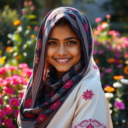 A stunning Akoli girl wearing a beautifully patterned hijab that reflects traditional Akoli designs, standing gracefully in an outdoor setting filled with colorful flowers and lush greenery