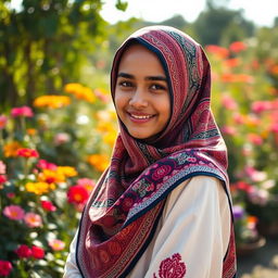 A stunning Akoli girl wearing a beautifully patterned hijab that reflects traditional Akoli designs, standing gracefully in an outdoor setting filled with colorful flowers and lush greenery