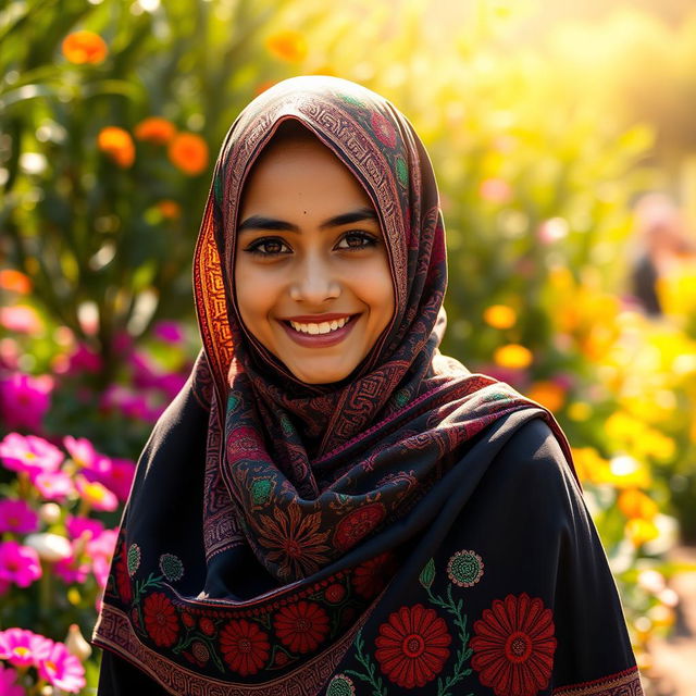 A stunning Akoli girl wearing a beautifully patterned hijab that reflects traditional Akoli designs, standing gracefully in an outdoor setting filled with colorful flowers and lush greenery