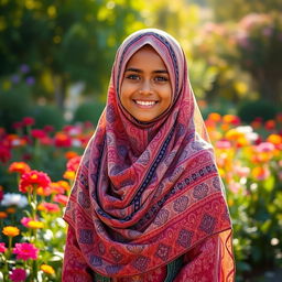 A stunning Akoli girl wearing a beautifully patterned hijab that reflects traditional Akoli designs, standing gracefully in an outdoor setting filled with colorful flowers and lush greenery