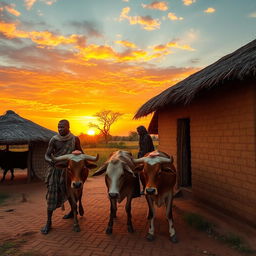 An aerial view of a peaceful East African homestead during sunset, with vibrant warm hues in the sky