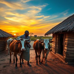 An aerial view of a peaceful East African homestead during sunset, with vibrant warm hues in the sky