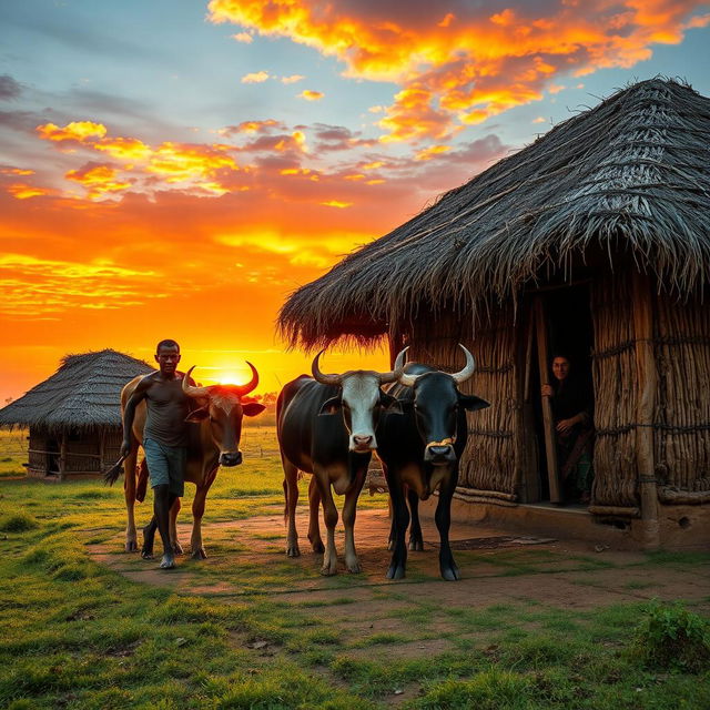 An aerial view of a peaceful East African homestead during sunset, with vibrant warm hues in the sky