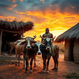 An aerial view of a peaceful East African homestead during sunset, with vibrant warm hues in the sky