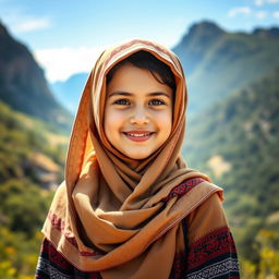 A charming Albanian girl wearing a traditional hijab, elegantly styled, standing in a picturesque landscape that showcases the natural beauty of Albania