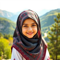 A charming Albanian girl wearing a traditional hijab, elegantly styled, standing in a picturesque landscape that showcases the natural beauty of Albania