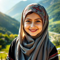 A charming Albanian girl wearing a traditional hijab, elegantly styled, standing in a picturesque landscape that showcases the natural beauty of Albania