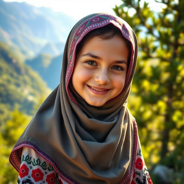 A charming Albanian girl wearing a traditional hijab, elegantly styled, standing in a picturesque landscape that showcases the natural beauty of Albania