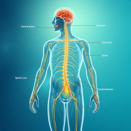 An intricate illustration of the nervous system, showcasing the central and peripheral nervous systems in detail