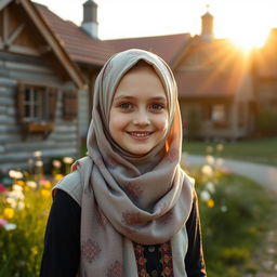 A lovely Estonian girl wearing a stylish hijab, incorporating both modern fashion and traditional Estonian elements
