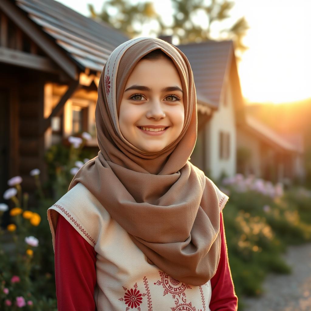 A lovely Estonian girl wearing a stylish hijab, incorporating both modern fashion and traditional Estonian elements