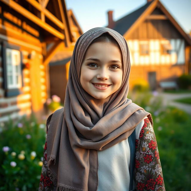 A lovely Estonian girl wearing a stylish hijab, incorporating both modern fashion and traditional Estonian elements