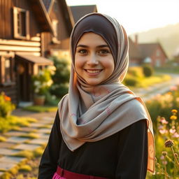 A lovely Estonian girl wearing a stylish hijab, incorporating both modern fashion and traditional Estonian elements