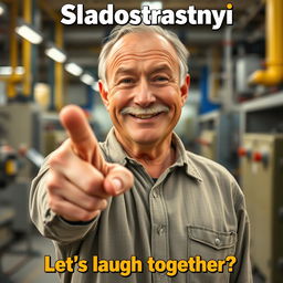 A vibrant comedy movie poster featuring a close-up of a smiling 55-year-old man with a small mustache