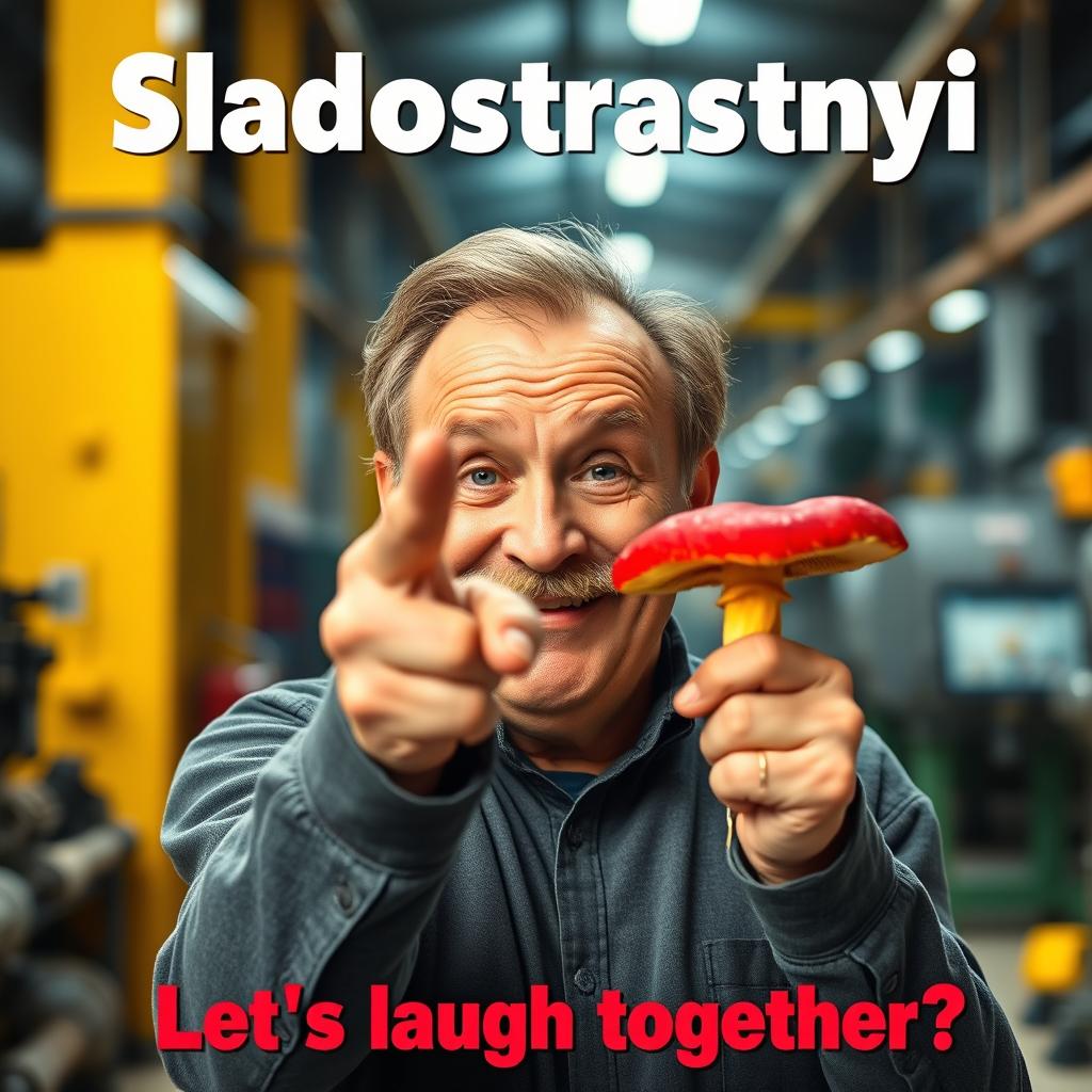 A vibrant comedy movie poster featuring a close-up of a smiling 55-year-old man with a small mustache