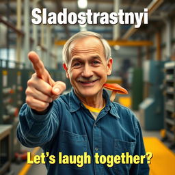 A vibrant comedy movie poster featuring a close-up of a smiling 55-year-old man with a small mustache