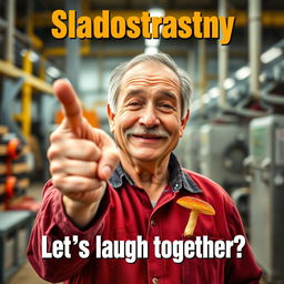 A vibrant comedy movie poster featuring a close-up of a smiling 55-year-old man with a small mustache