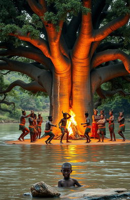Under a large baobab tree partially submerged in water, creating an island effect near the river's edge