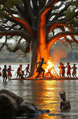 Under a large baobab tree partially submerged in water, creating an island effect near the river's edge