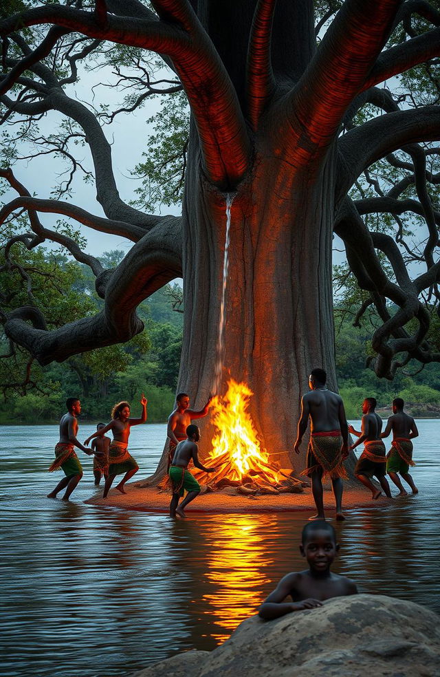 Under a large baobab tree partially submerged in water, creating an island effect near the river's edge