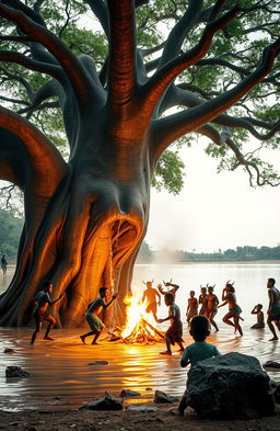 Under a large baobab tree partially submerged in water, creating an island effect near the river's edge